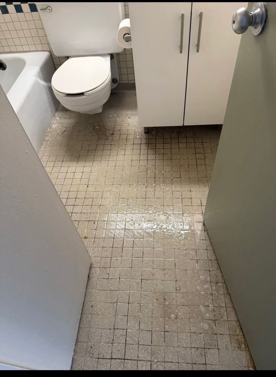 Bathroom tile floor dull and dirty before cleaning